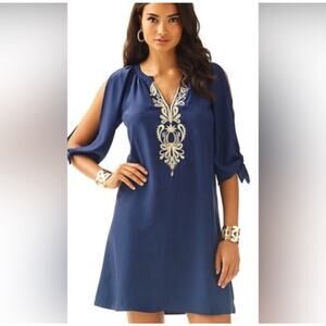 Lilly Pulitzer Bryce Silk Dress Navy with Gold Embroidery M